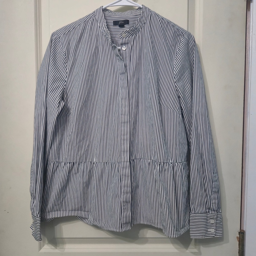 J Crew Womens black White Striped Peplum Band Collar Button Down Blouse‎ Size 10